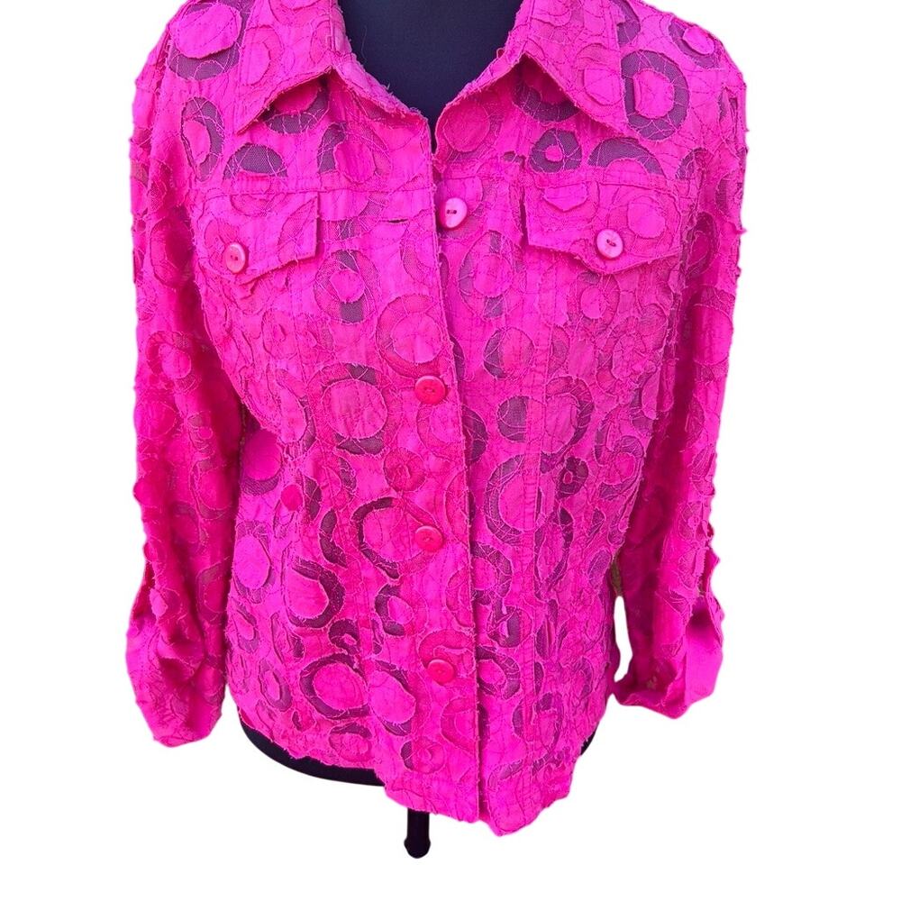 Ruby Rd Fuchsia Pink Circle Lace Button Down Blouse Shirt Jacket Size 10 EUC